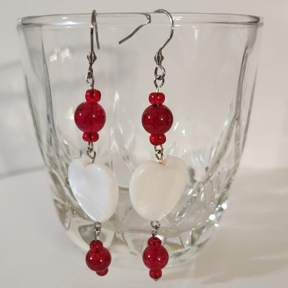 Hand Crafted Earrings Pierced Beaded Heart Mother of Pearl White Red Dangle